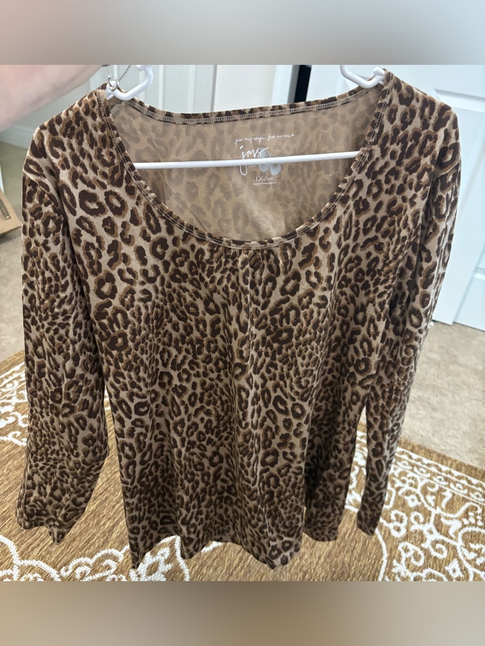 Just My Size Womens Plus 3/4 sleeve scoop neck animal print brown black top 1X